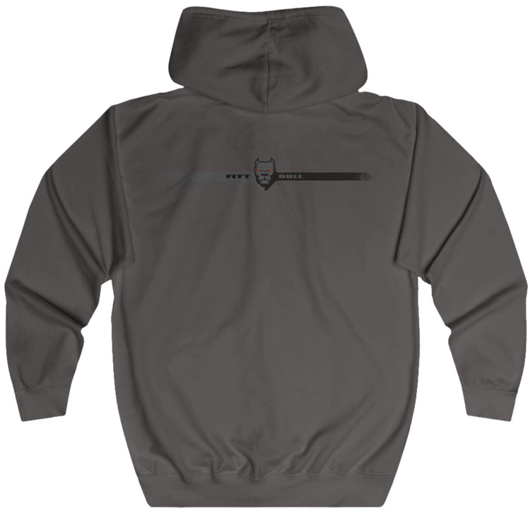 Gray Fitbull fitness hoodie with a logo on the back against a white background