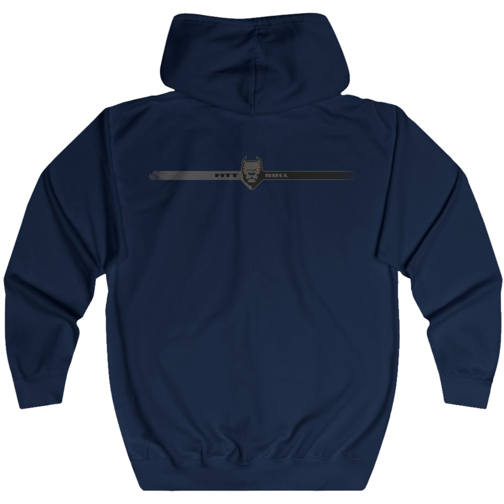 Navy blue Fitbull fitness hoodie with a logo on the back against a white background