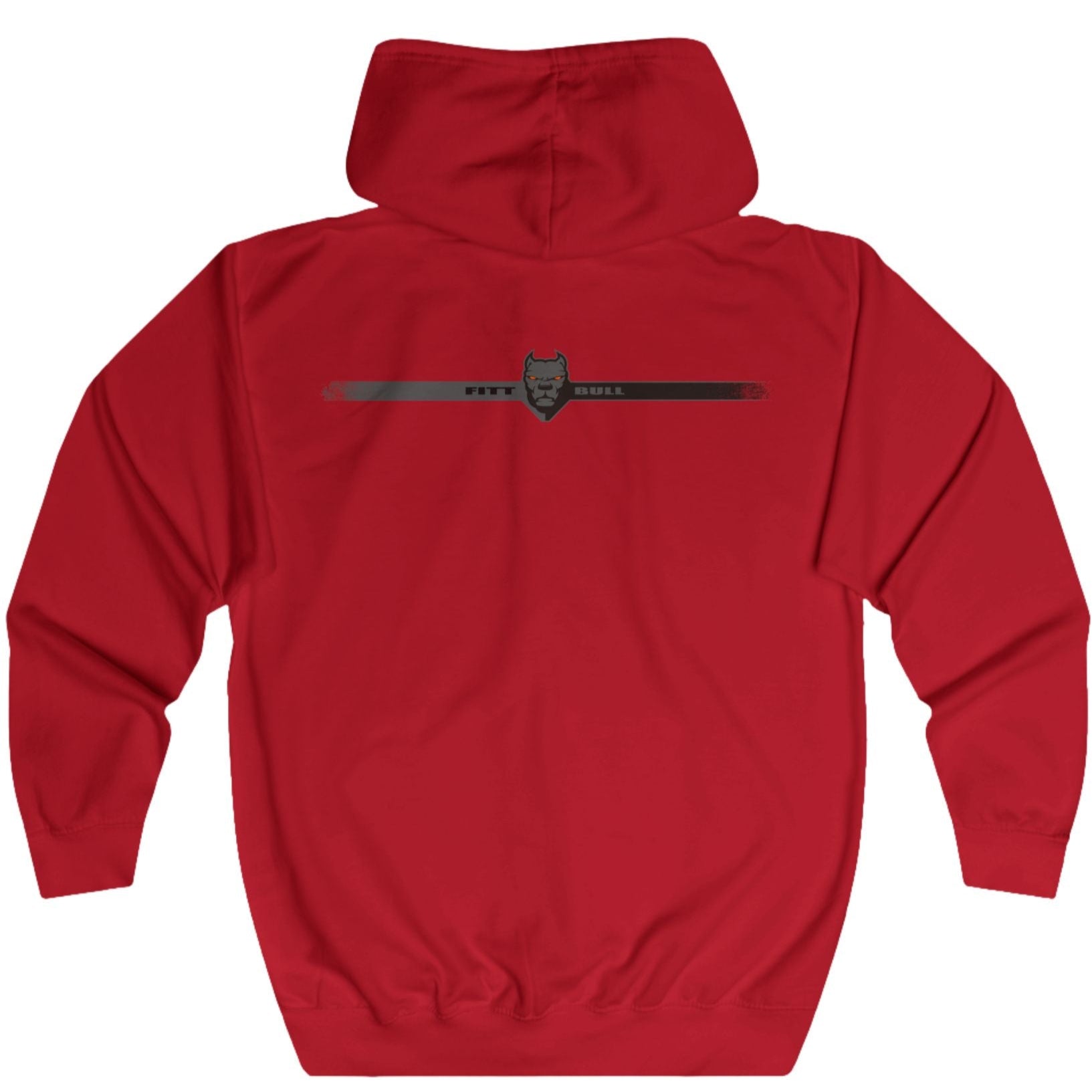 Red Fitbull fitness hoodie with a logo on the back against a white background