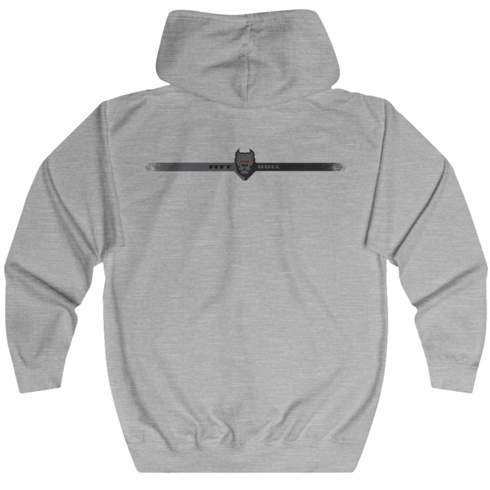 Gray Fitbull fitness hoodie with a logo on the back against a white background