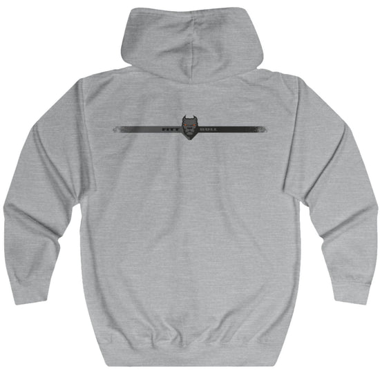 Gray Fitbull fitness hoodie with a logo on the back against a white background