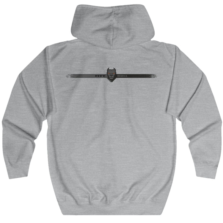 Gray Fitbull fitness hoodie with a logo on the back against a white background