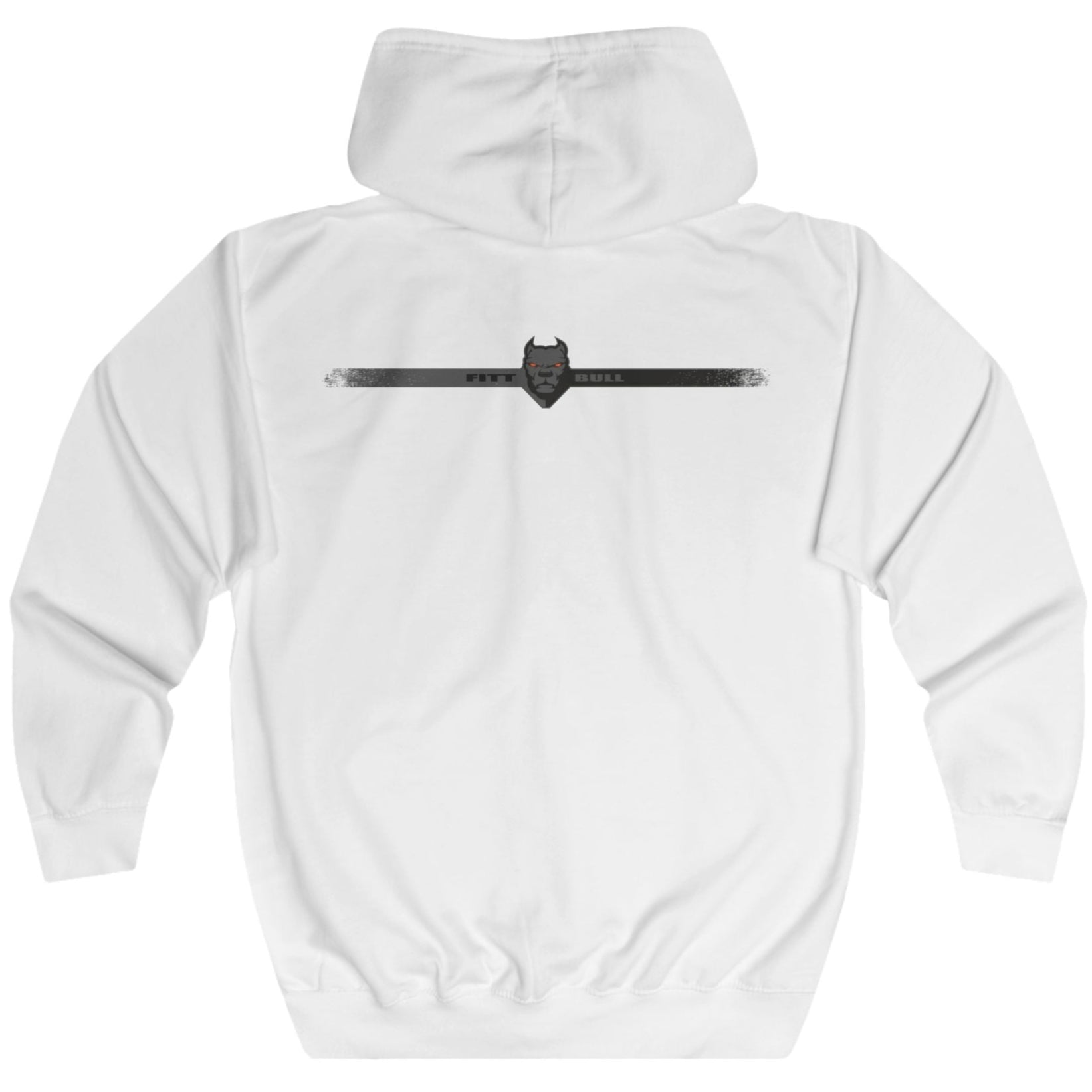 White Fitbull fitness hoodie with a black logo on the chest area against a white background