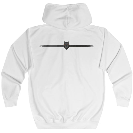 White Fitbull fitness hoodie with a black logo on the chest area against a white background