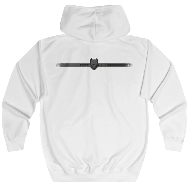 White Fitbull fitness hoodie with a black logo on the chest area against a white background