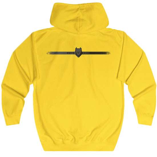 Yellow Fitbull fitness hoodie with a black logo on the back against a white background