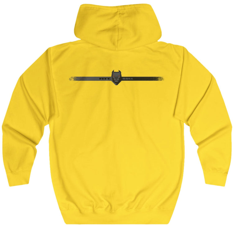 Yellow Fitbull fitness hoodie with a black logo on the back against a white background