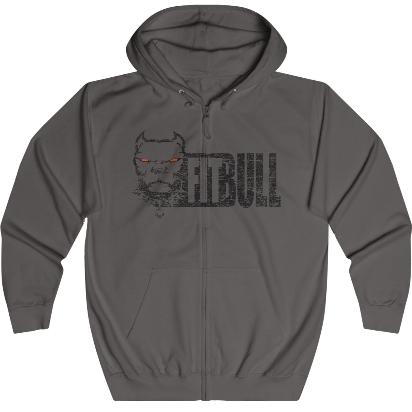 Gray Fitbull fitness hoodie with a graphic design on a white background