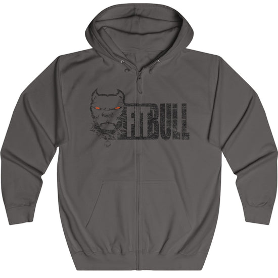 Gray Fitbull fitness hoodie with a graphic design on a white background