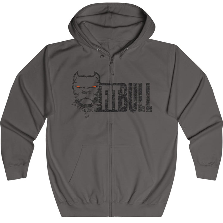 Gray Fitbull fitness hoodie with a graphic design on a white background