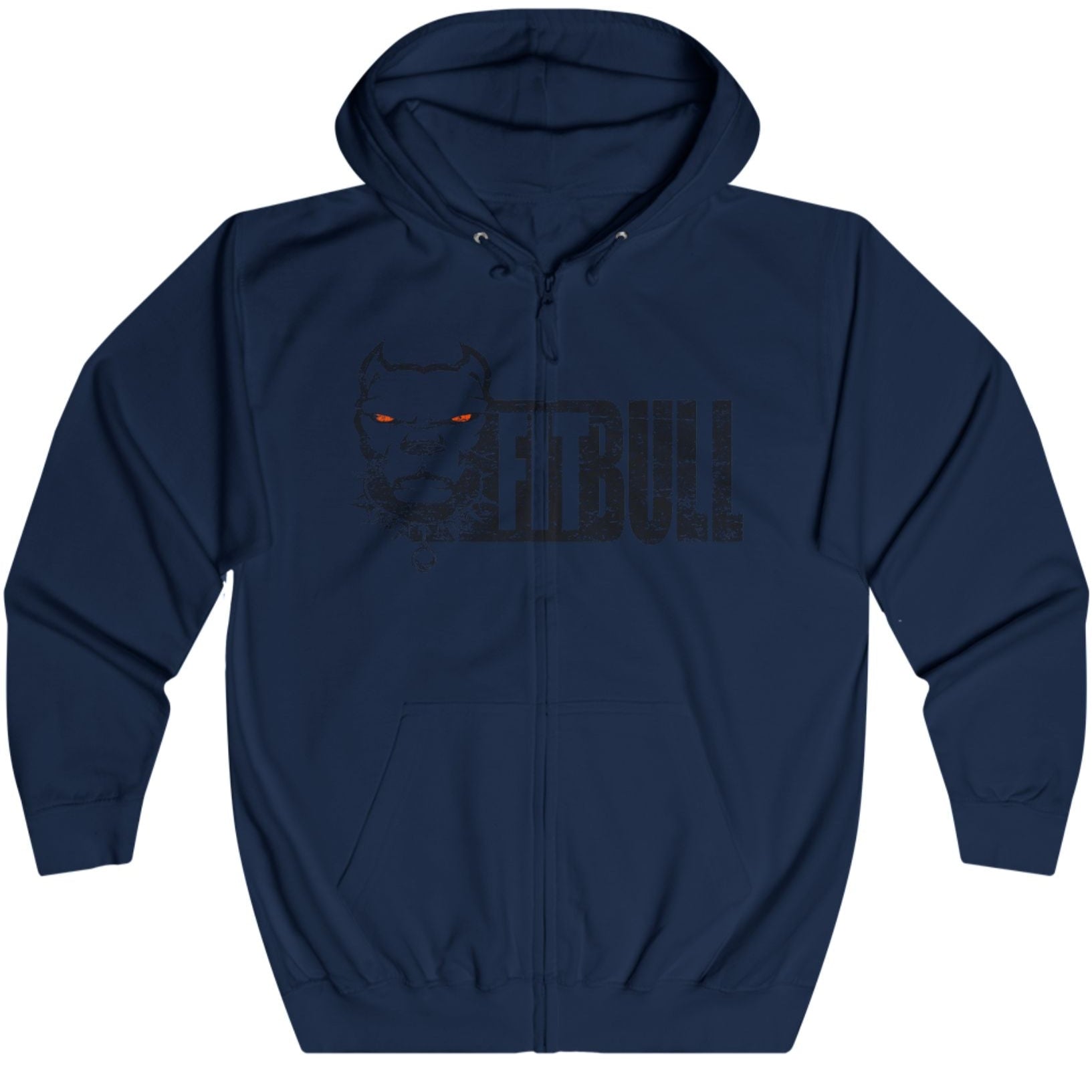 Navy blue Fitbull fitness hoodie with a logo on a white background