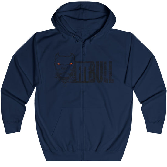 Navy blue Fitbull fitness hoodie with a logo on a white background