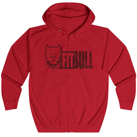 Red Fitbull fitness hoodie with 'Fitbull' logo on a white background