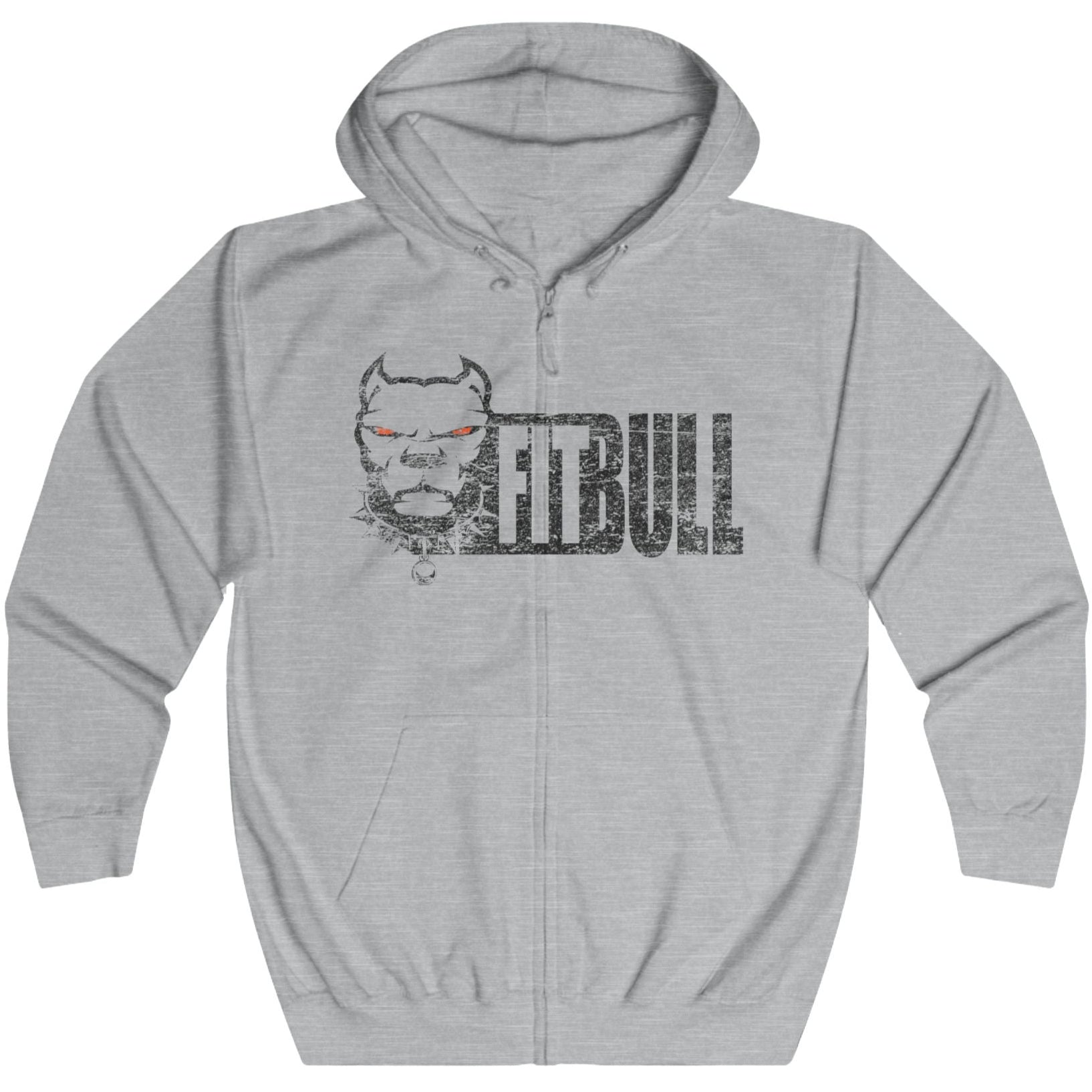 Gray Fitbull fitness hoodie with a graphic design on a white background