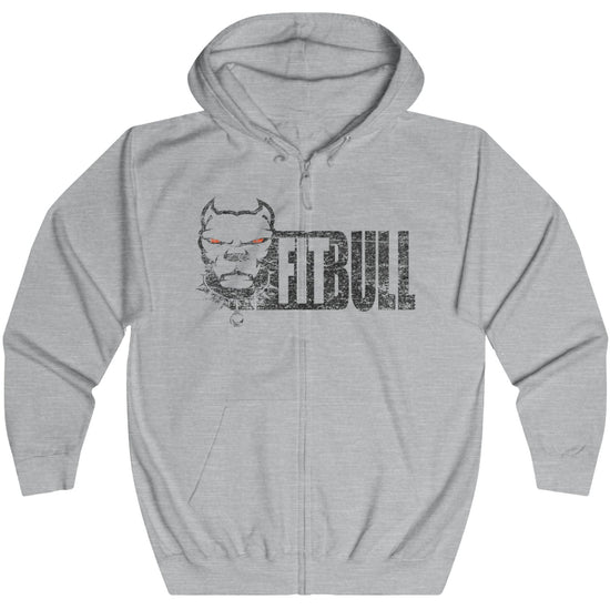 Gray Fitbull fitness hoodie with a graphic design on a white background