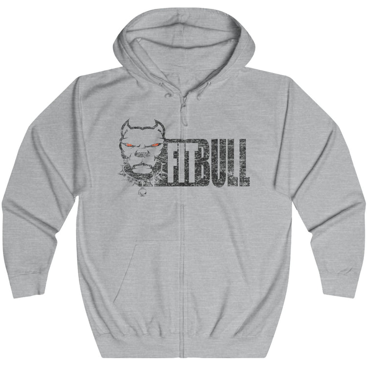 Gray Fitbull fitness hoodie with a graphic design on a white background