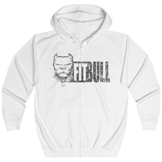 White Fitbull fitness hoodie with a graphic design on a white background