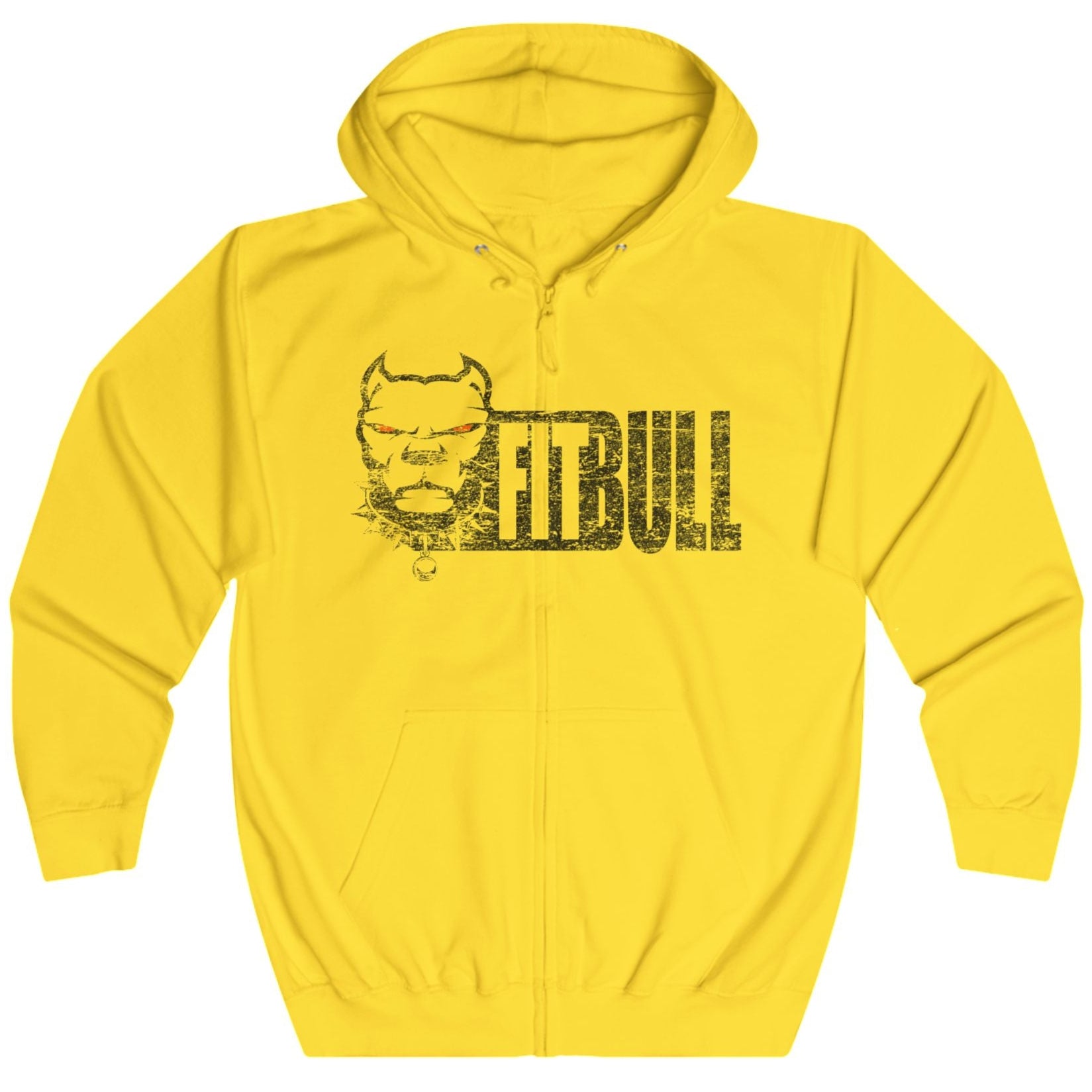 Yellow Fitbull fitness hoodie with a dog graphic and 'pitbull' text on a white background