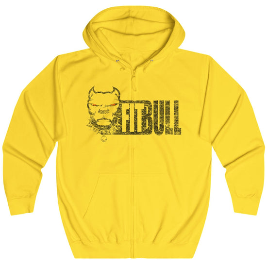 Yellow Fitbull fitness hoodie with a dog graphic and 'pitbull' text on a white background