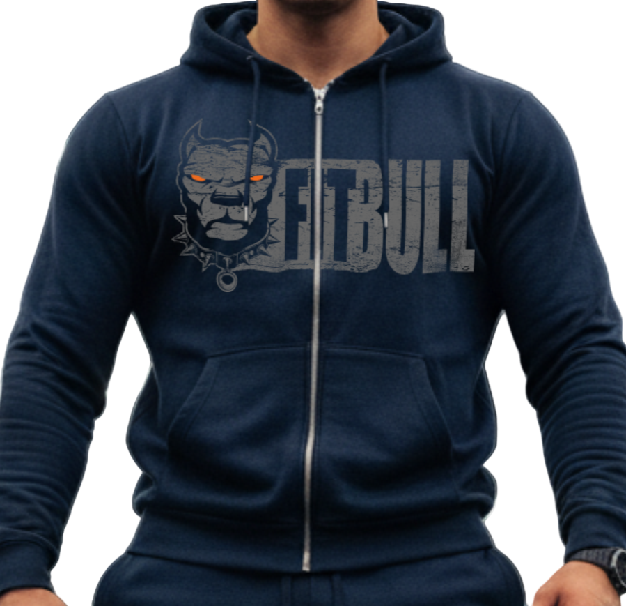 Man wearing a navy blue Fitbull fitness hoodie and pants with 'FurBull' logo in a gym setting