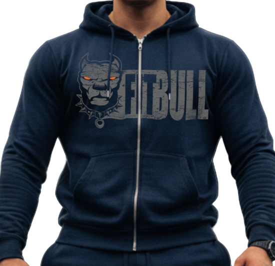 Man wearing a navy blue Fitbull fitness hoodie and pants with 'FurBull' logo in a gym setting