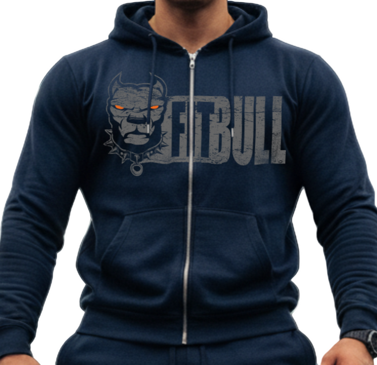 Man wearing a navy blue Fitbull fitness hoodie and pants with 'FurBull' logo in a gym setting