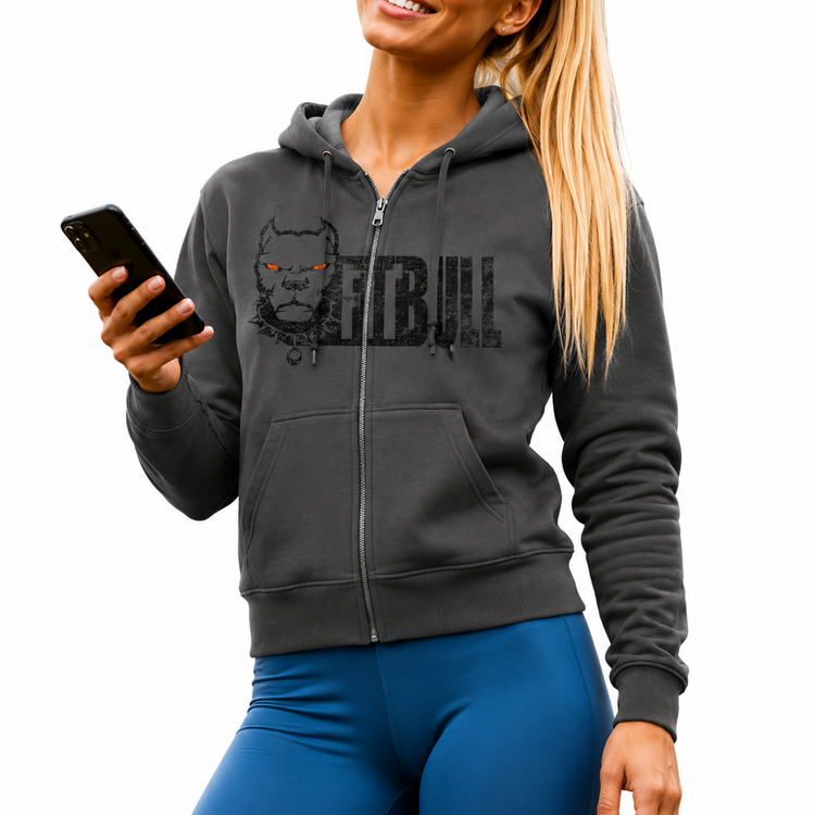 Woman wearing a dark gray Fitbull hoodie with a logo and text, holding a phone, on a white background