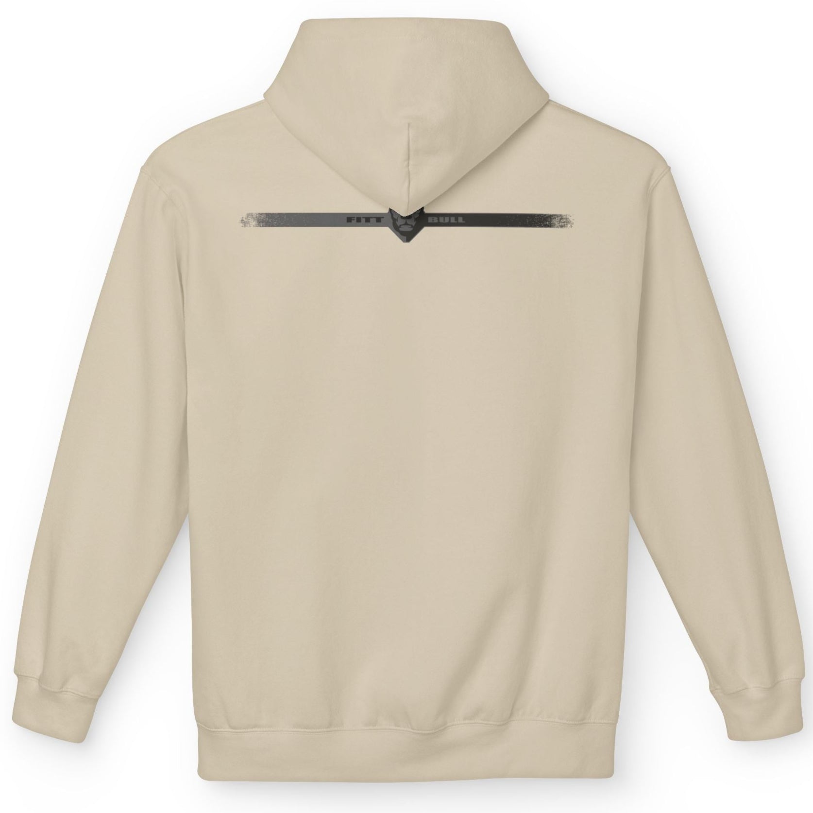 Beige Fitbullhoodie with a zipper on the back against a white backgroundfitness 