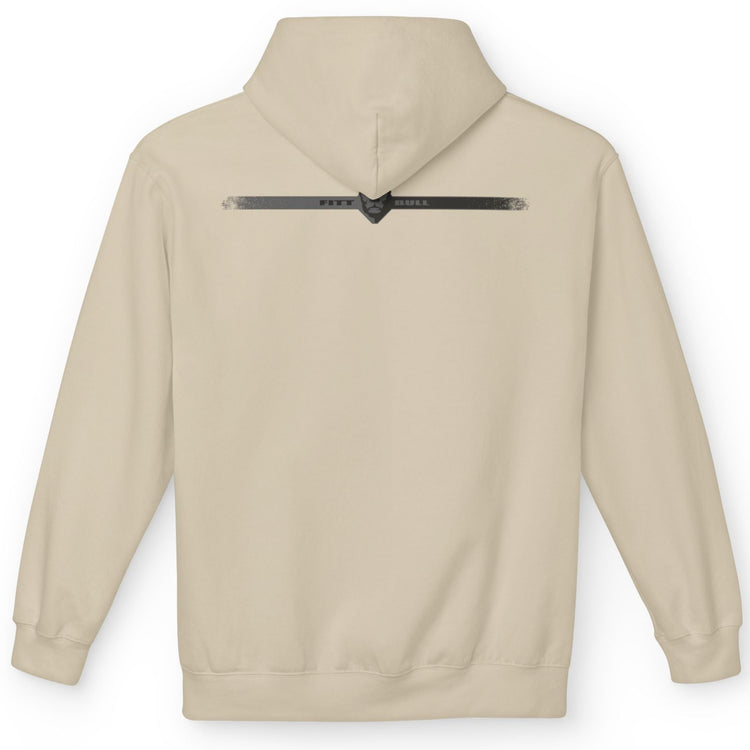 Beige Fitbullhoodie with a zipper on the back against a white backgroundfitness 