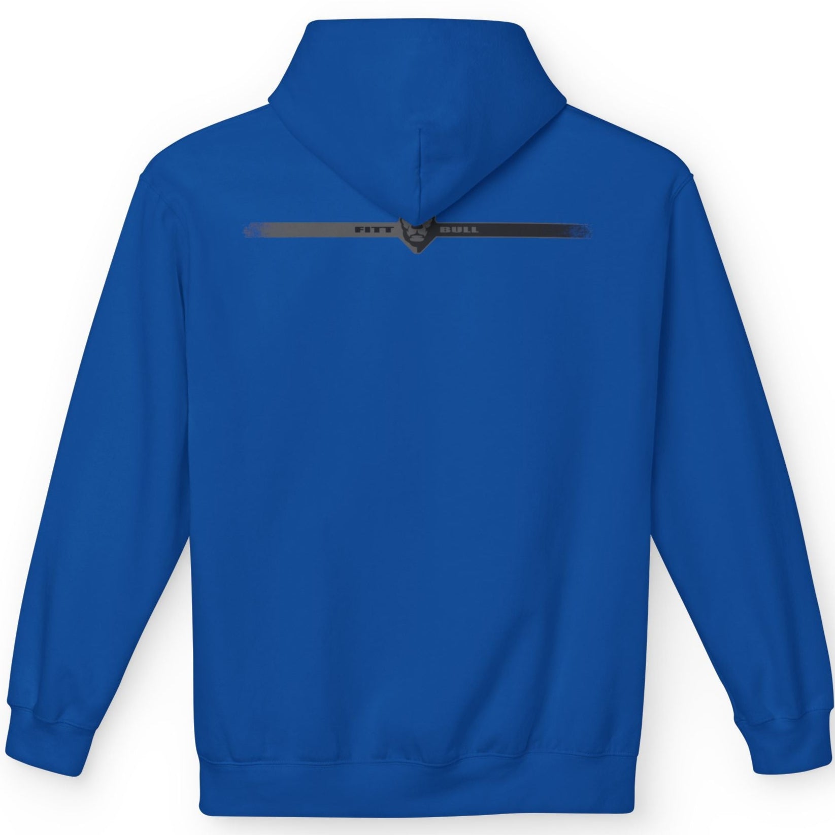 Blue Fitbull fitness hoodie with a logo on the back against a white background