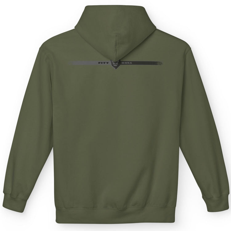 Green Fitbull fitness hoodie with a logo on the back against a white background