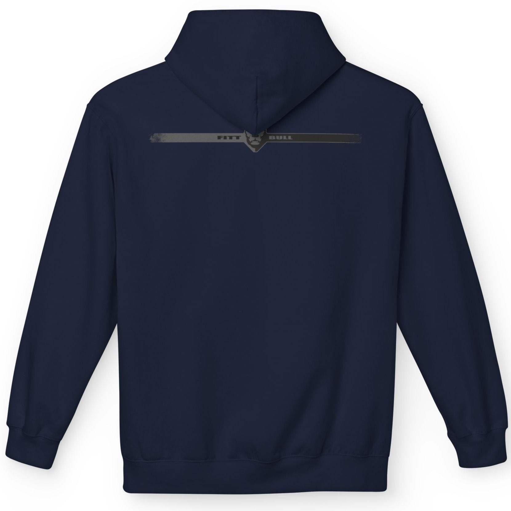 Navy Fitness Fitbull blue hoodie with a zipper on the back against a white background