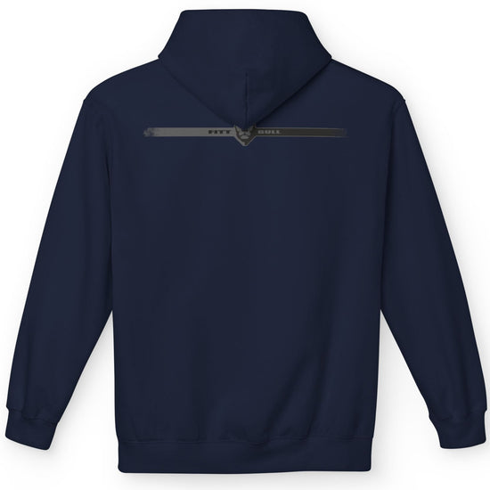 Navy Fitness Fitbull blue hoodie with a zipper on the back against a white background