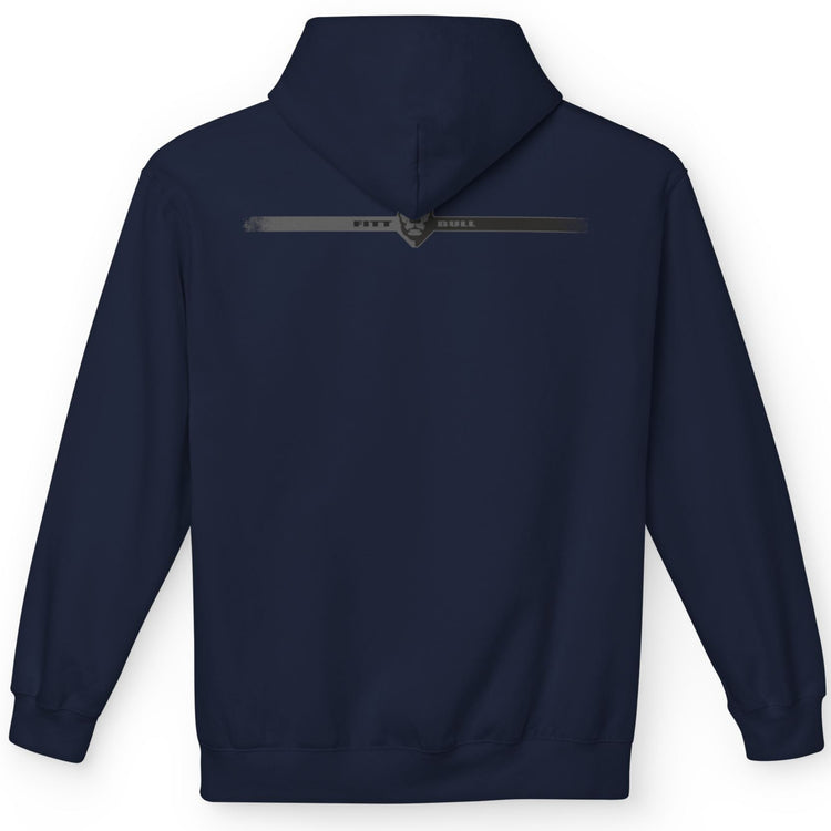 Navy Fitness Fitbull blue hoodie with a zipper on the back against a white background