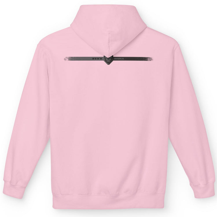 Pink Fitbull fitness hoodie with a zipper on the back against a white background