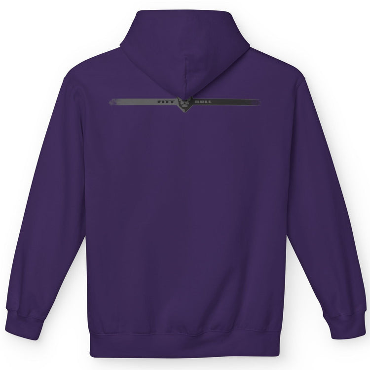 Purple Fitbull fitness hoodie with a zipper on the back against a white background