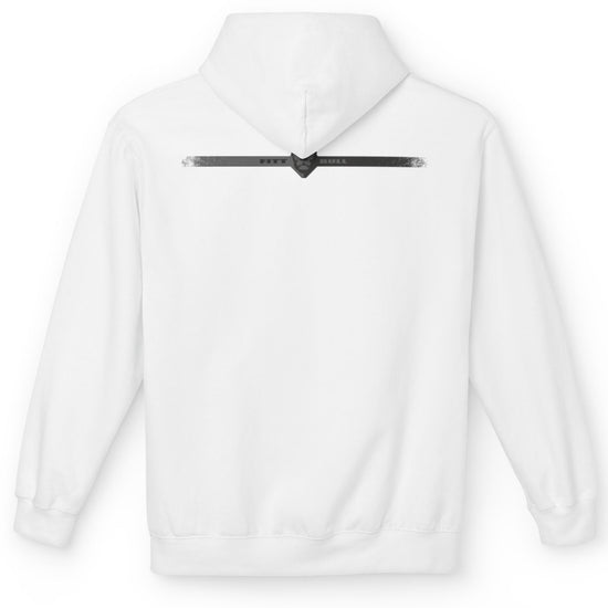 White Fitbull fitness hoodie with a zipper on the back against a white background