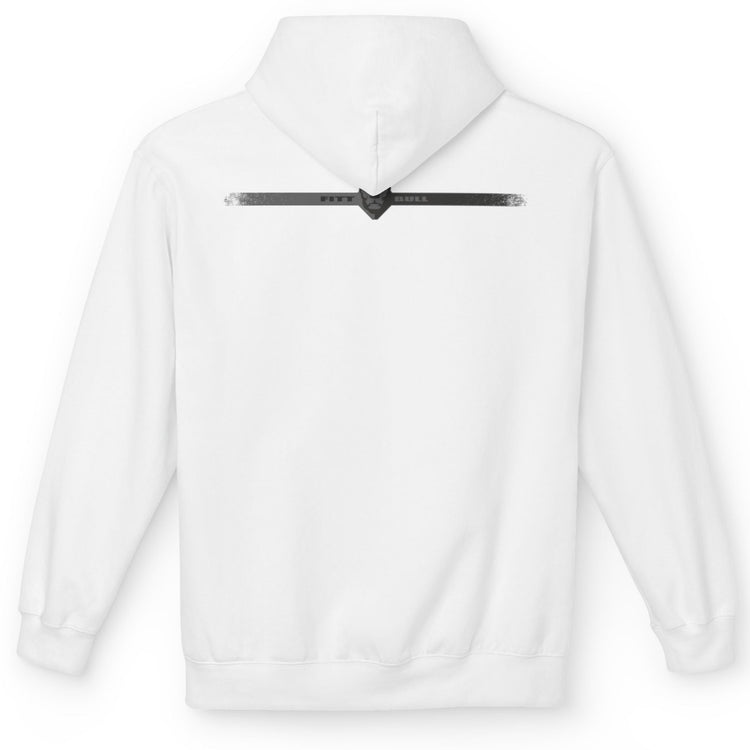 White Fitbull fitness hoodie with a zipper on the back against a white background