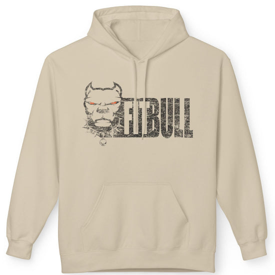 Beige Fitbull hoodie with graphic design and text on a white background