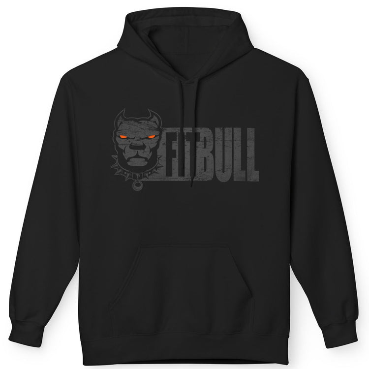 Black hoodie with a graphic design and 'FITBULL' text on a white background