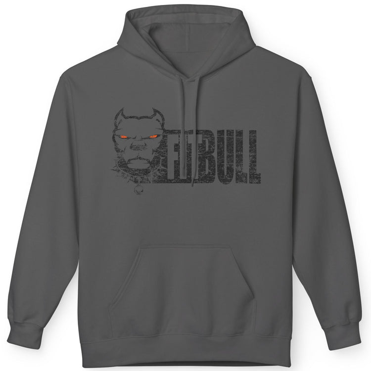 Gray Fitbull fitness hoodie with a graphic design on a white background
