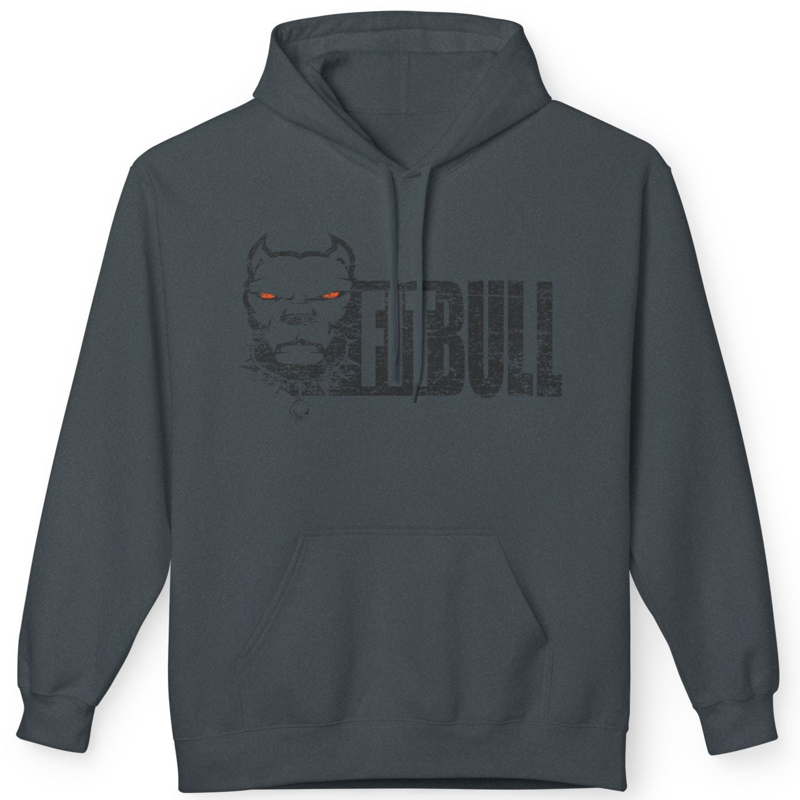 Dark gray Fitbull hoodie with a graphic design on the back against a white background