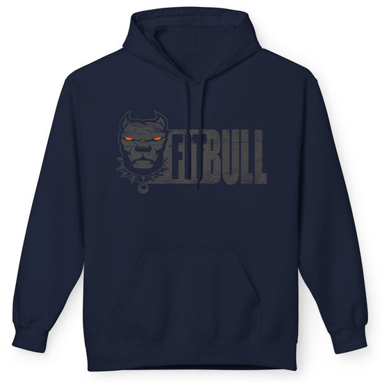 Navy blue Fitbull fitness hoodie with a graphic design on a white background