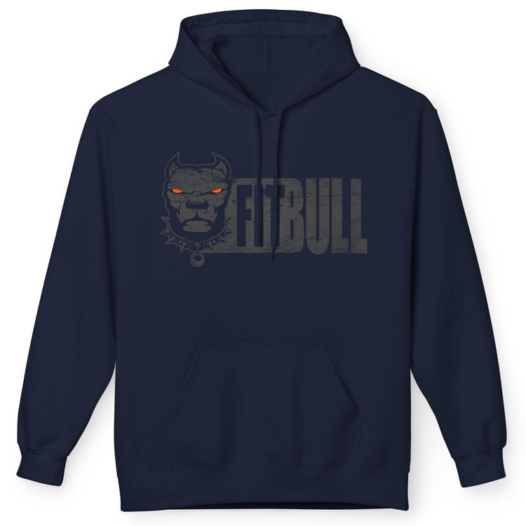 Navy blue Fitbull fitness hoodie with a graphic design on a white background