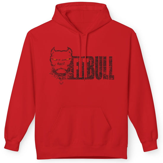 Red Fitbull fitness hoodie with black graphic design on a white background