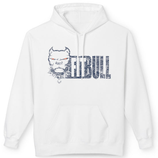 White Fitbull hoodie with a graphic design on a white background