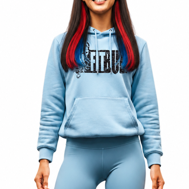 Woman wearing a light blue Fitbull hoodie and leggings set on a white background