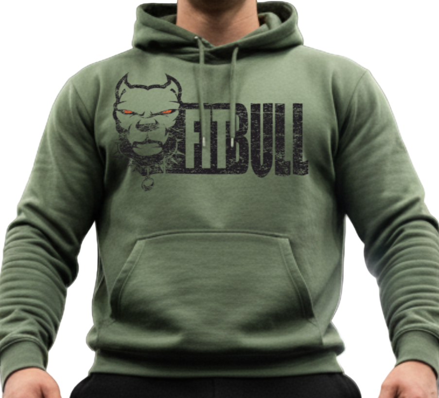 Man wearing a green Fitbull hoodie with a logo in a gym setting