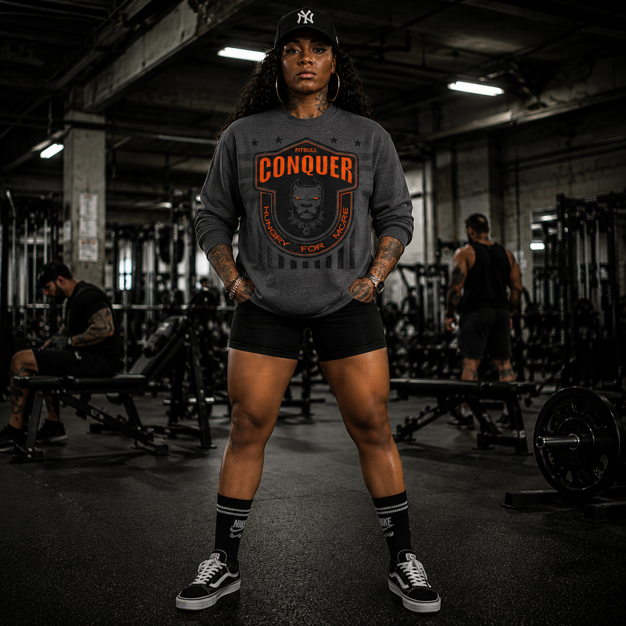 Person wearing a Fitbull 'Conquer' sweatshirt in a gym setting
