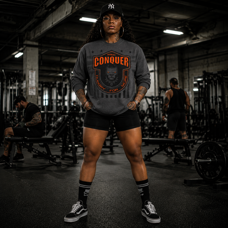 Person wearing a Fitbull 'Conquer' sweatshirt in a gym setting